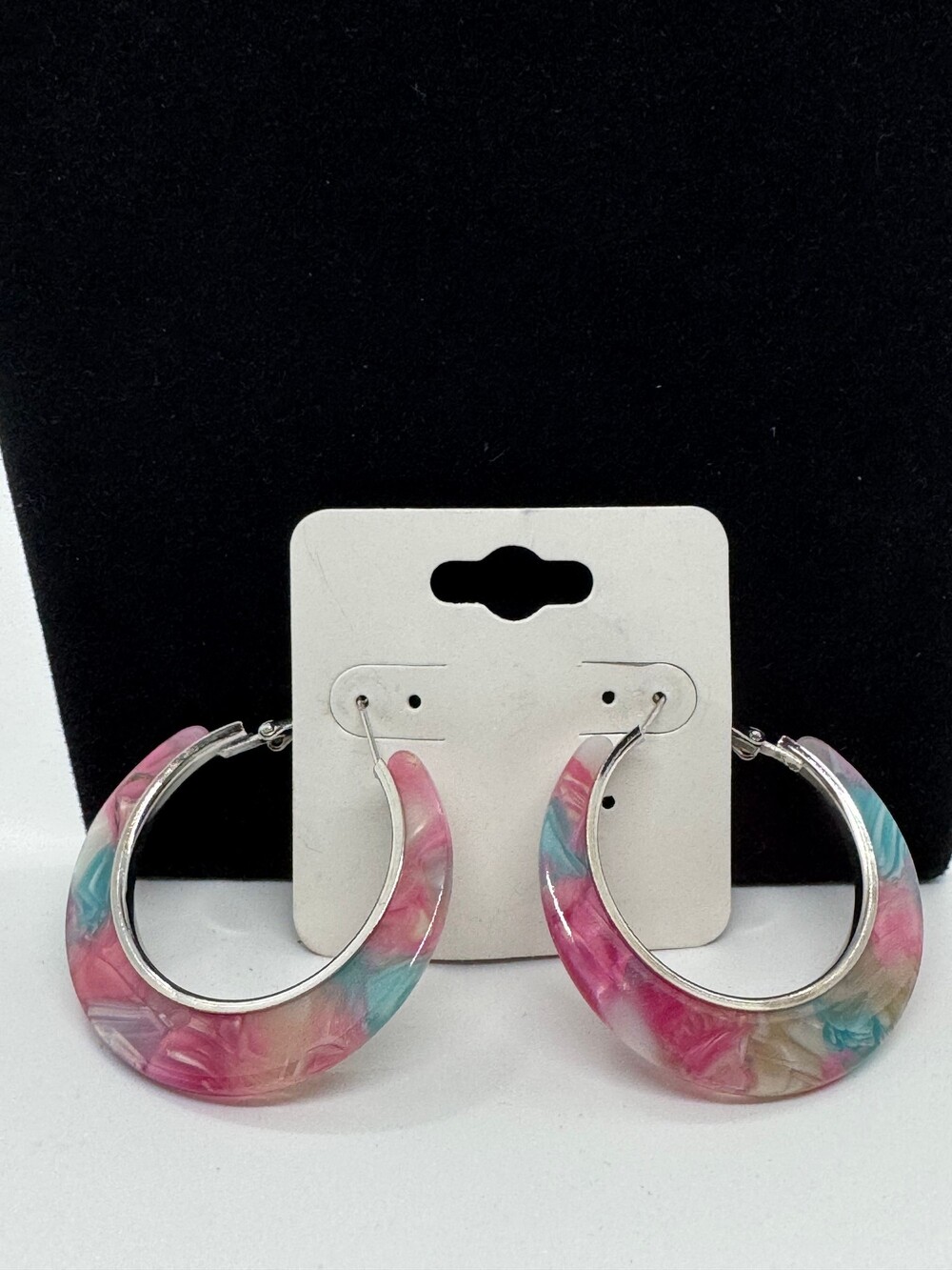 Hoop Earrings Marbled Acrylic Pink Blue Beige Silver Tone New